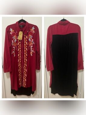 Andree by Unit NWT red embroidered button down tunic floral embroidery sz Large